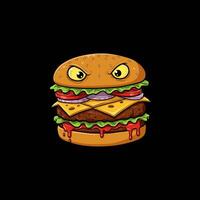 A grumpy burger stares intensely, its juicy layers dripping with sauce. Dark, cartoonish style creates a menacing yet appetizing mood. vector