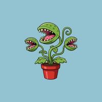 A playful cartoon shows a three-headed Venus flytrap in a red pot, its toothy grins adding a humorous, slightly spooky vibe. Bright greens and reds pop against a calm blue backdrop. vector