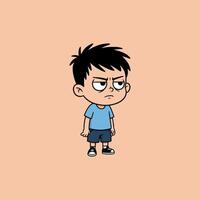 A cartoon boy stands with a grumpy expression, his dark hair and simple clothing adding to the sulky mood. The style is playful yet evocative. vector