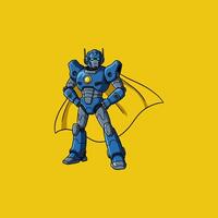 A powerful blue robot, clad in a flowing yellow cape, stands confidently. Bold lines and vibrant colors create a dynamic, heroic mood. vector