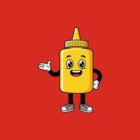 A cheerful yellow mustard bottle cartoon character smiles and gestures, set against a vibrant red background. Its friendly expression and welcoming pose create a playful, appetizing mood. vector