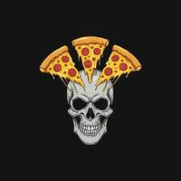 Three cheesy pepperoni pizza slices playfully adorn a skull's head, creating a whimsical yet slightly macabre vintage-style image. A darkly humorous and memorable design. vector