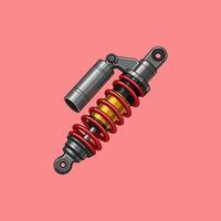 A sleek motorcycle shock absorber, with vibrant red and gold springs, is shown in sharp detail against a soft pink background. The design is clean and stylish. vector