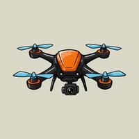 A captivating cartoon drone, sporting a vibrant orange body and sleek black arms, hovers with its camera poised. Its light blue propellers add a pop of color, creating a fun, energetic vibe. vector