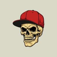 A detailed skull, sporting a vibrant red baseball cap, stares intensely. The vintage style and bold lines create a captivating, slightly edgy mood. vector