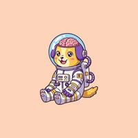 A cute cartoon puppy, its head replaced with a brain, sits in an astronaut suit. A whimsical and charming space-themed design. vector