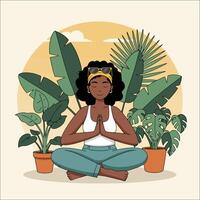 Find inner peace with this image of a woman peacefully meditating amidst vibrant tropical plants. The calm mood and serene setting create a tranquil atmosphere. vector