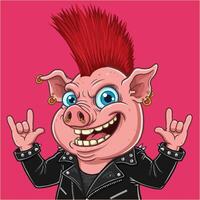 A mischievous pig rocks out in a studded leather jacket, sporting a bold red mohawk and playful hand gestures. The pink background adds to the vibrant, fun mood. vector