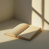 A book is open to a page with a sun shining photo