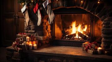A fireplace with a mantle and a Christmas tree photo