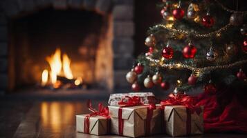 A Christmas tree with a fireplace photo