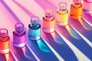 A row of colorful bottles of nail polish sit on a table photo