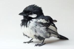 Close-up Portrait of a Black and White Bird with Fluffy Feathers on a Neutral Background photo