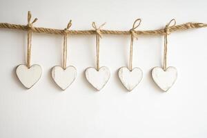 Rustic White Wooden Hearts Hanging on Twine Against a Minimalist White Background photo