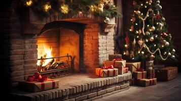 A cozy fireplace with a Christmas tree photo