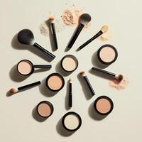 A collection of makeup brushes and powders are displayed in a circle photo