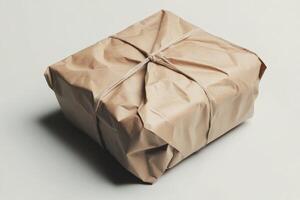Brown Paper Package Tied with String on Neutral Background photo