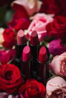 A close up of four red lipsticks on top of a bed of red roses photo