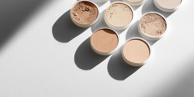 Compact powder arranged neatly on a white surface, casting a soft shadow. photo