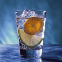 A glass of water with a lime wedge in it. photo