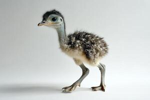 A baby bird with black and white feathers is standing on a white background photo