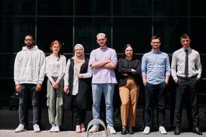 A diverse and confident group of businessmen posing together, radiating success, ambition, and unity, capturing the essence of a dynamic and inspiring business environment photo