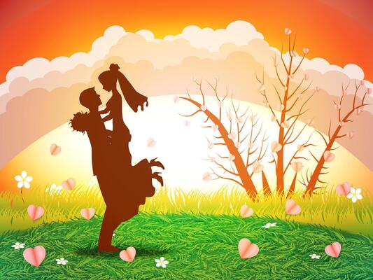 Love and Valentine's Day Illustration. Two lovers on a grass field under the sunset with love hearts falling on the grass. 3D paper from digital craft.