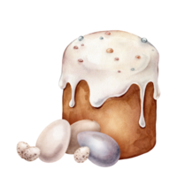 Watercolor hand drawn Illustration of Easter Kulich with White Icing and Colorful Sprinkles. Colored Chicken and quail eggs and Traditional Easter cake and adorned with white icing. png