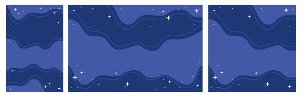 Abstract Blue Night Sky With Flowing Wavy Shapes and Sparkling Stars, Set of Multiple Design Templates for Social Media vector