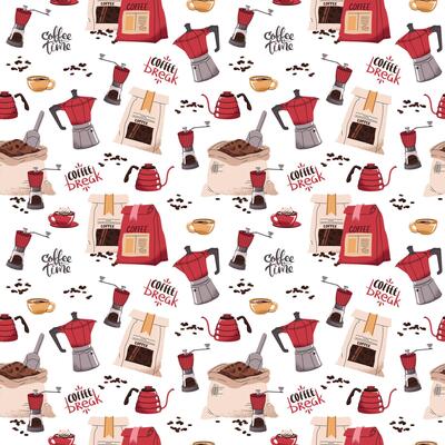 Seamless pattern with coffee bag, moka pot, teapot, coffee grinder. Repeating texture with coffee accessories and tools. Barista tools. Coffee time. Suitable for textile, wallpaper