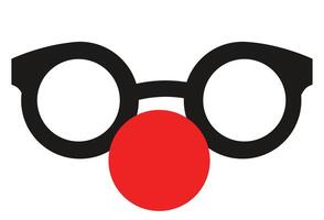 Minimalist design of round black glasses paired with a red clown nose, highlighting humorous and playful themes. vector