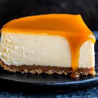 Smooth caramel drizzle. Creamy cheesecake slice with caramel drizzle on a dark background. photo