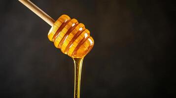 Honey dipping stick. Golden honey dripping from a wooden dipper against a dark background. photo