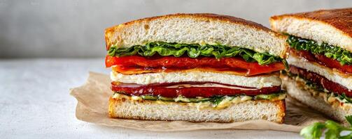 Hearty sandwich. Delicious layered sandwich with fresh vegetables and bread. photo