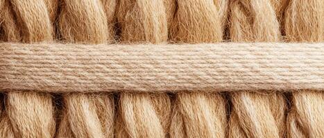 Gritty natural fibers. Textured beige fabric with woven patterns and a central line. photo