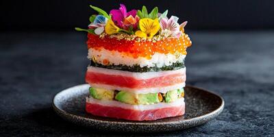 Stacked sushi rolls. Vibrant layered sushi cake garnished with flowers on a dark plate. photo