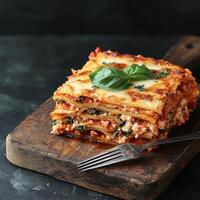 Layered lasagna slice. Delicious lasagna served on a wooden board with fresh basil garnish. photo