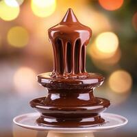 Smooth chocolate drip. Chocolate fountain with dripping chocolate on a plate. photo