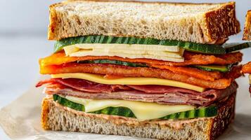 Hearty sandwich. Stacked sandwich with layers of meats, cheese, and vegetables between bread slices. photo