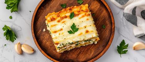 Layered lasagna slice. Delicious lasagna slice on a wooden plate with garnishes. photo