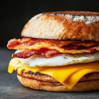 Hearty sandwich. Delicious breakfast sandwich with bacon, egg, and cheddar cheese. photo