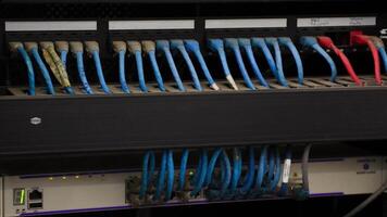 Data Center Server Rack with Flashing Lights and Network Cables, Internet Infrastructure and Cloud Computing, High-Tech Communication Equipment, Networking and IT Systems video
