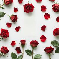 Valentine roses passion concept. Red roses and petals arranged around a blank space on a white background. photo