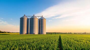 Food security investments. Three silos in a green field under a clear blue sky at sunset. photo