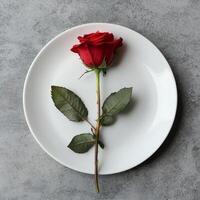 Romance valentine's day couple dining concept. Red rose placed on a white plate against a textured background. photo
