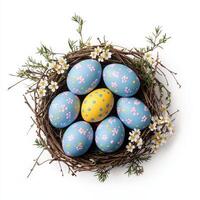 Easter decor nature, Colorful Easter eggs in a nest with flowers and greenery. photo