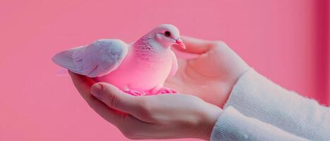 Valentine's spiritual gifts concept. A person holds a pink pigeon against a soft pink background. photo