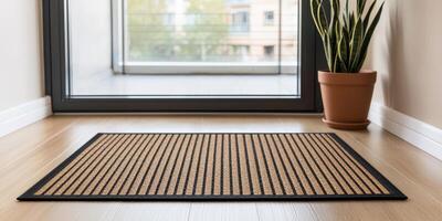 Affordable rental housing. Entrance mat placed near a window with a potted plant nearby. photo