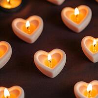 Brown background valentine s day concept. Heart-shaped candles glowing warmly in a dark setting. photo
