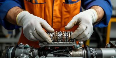 Mechanics repair engine adjustment. Worker assembling machinery with gloves in industrial setting. photo